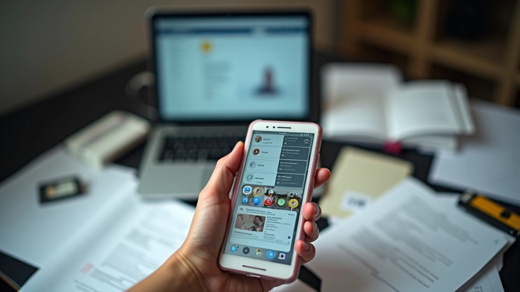 Cluttered desk with laptop, phone notifications, scattered papers, representing common distractions and obstacles to meditation practice