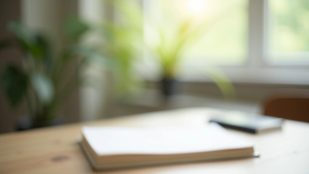 Professional workspace with mindfulness elements, journal and pen on desk, window with natural light, calm organized environment