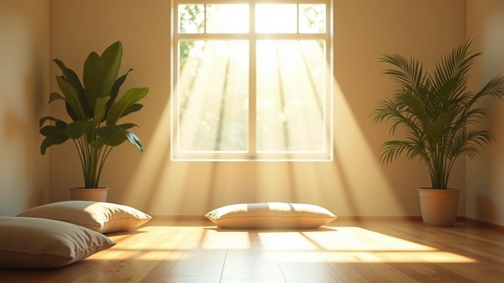 Serene meditation space with soft natural light, peaceful indoor environment with plants and comfortable seating