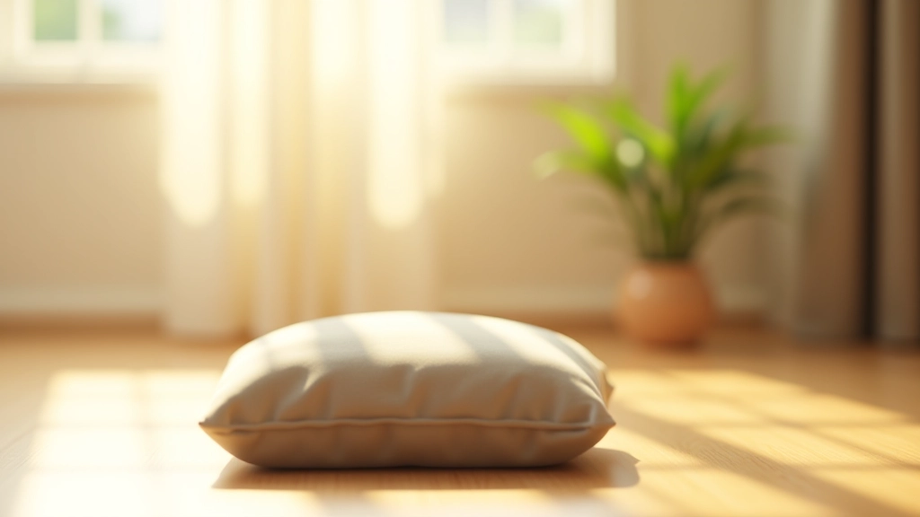 Peaceful meditation space with cushion on wooden floor, morning light streaming through window, plant in corner, minimalist aesthetic