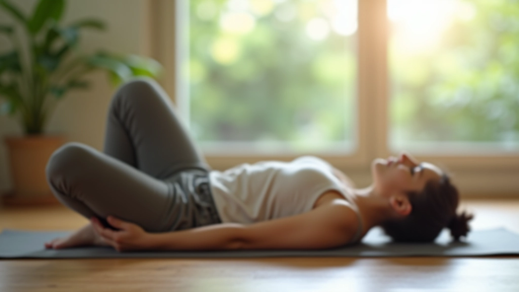 Person lying on back on blue yoga mat in neutral comfortable position, arms at sides, legs extended, peaceful environment with plants and natural light