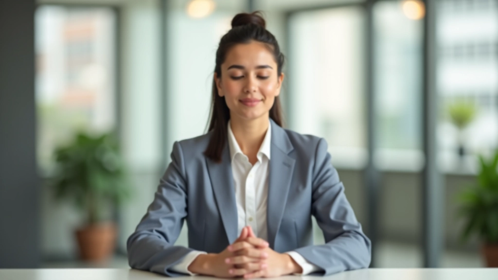 Person at work taking a mindful break, sitting calmly at desk with hands resting, peaceful focused expression, office environment