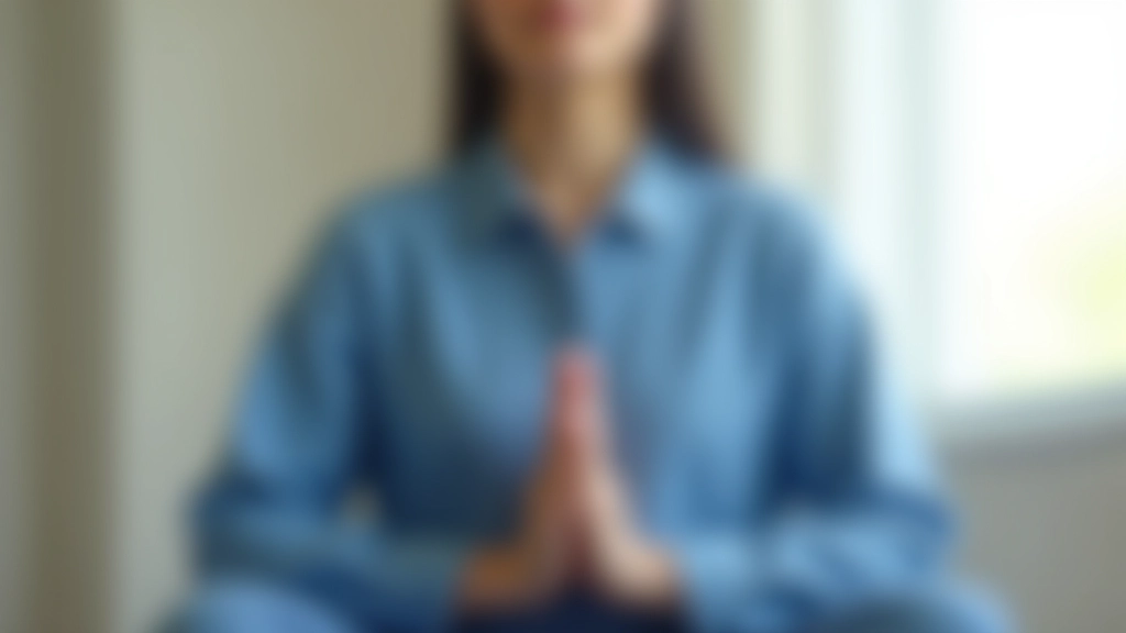 Close-up of person practicing box breathing technique, hands placed calmly on lap, peaceful facial expression in natural daylight