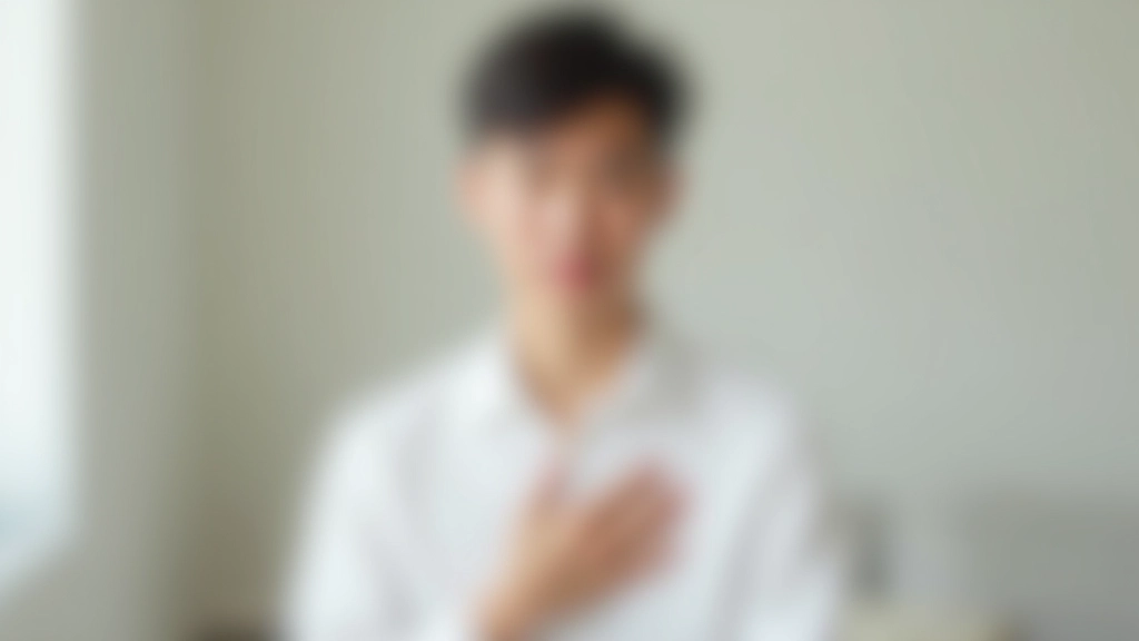 Person demonstrating breathing technique with hand on chest, focused expression, calm environment, counting sequence visualization