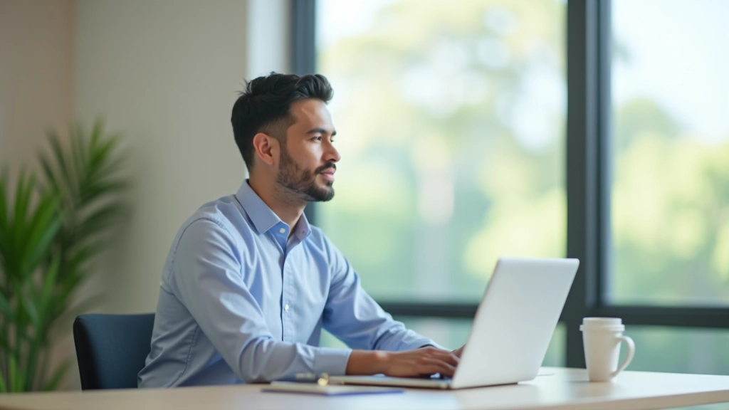 Person taking mindful break at work desk with laptop, coffee cup, looking out window with calm expression