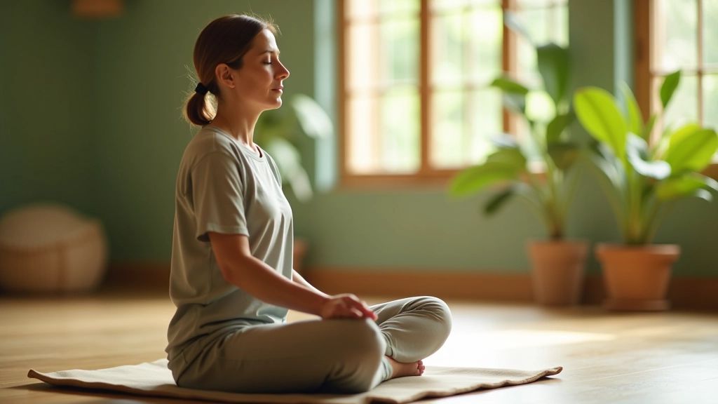 Person in meditation retreat setting, sitting peacefully on cushion, morning sunlight streaming through windows, plants and minimal decor, complete tranquility