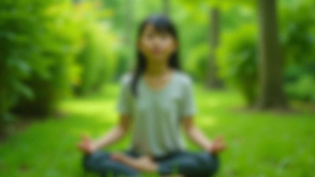 Person in peaceful state of mind, practicing mindfulness meditation outdoors, calm facial expression, natural surroundings