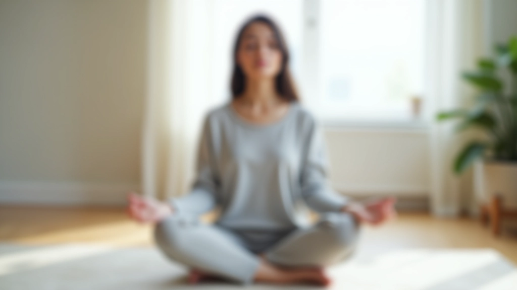 Woman sitting cross-legged in peaceful meditation pose, eyes closed, serene indoor environment with soft natural light