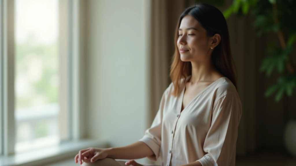 Peaceful person sitting by window with soft natural light, hands in lap, serene indoor environment, bright and calm atmosphere