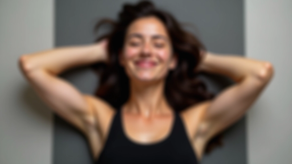 Person lying comfortably on yoga mat in body scan meditation pose, relaxed expression, soft ambient lighting