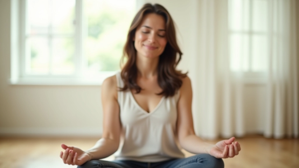 Person in meditation sitting position indoors, calm peaceful expression, natural window light, minimalist room setting, serene atmosphere