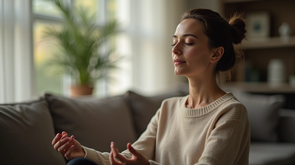 Person practicing 4-7-8 breathing technique, relaxed posture, hand positions, peaceful indoor setting with soft lighting